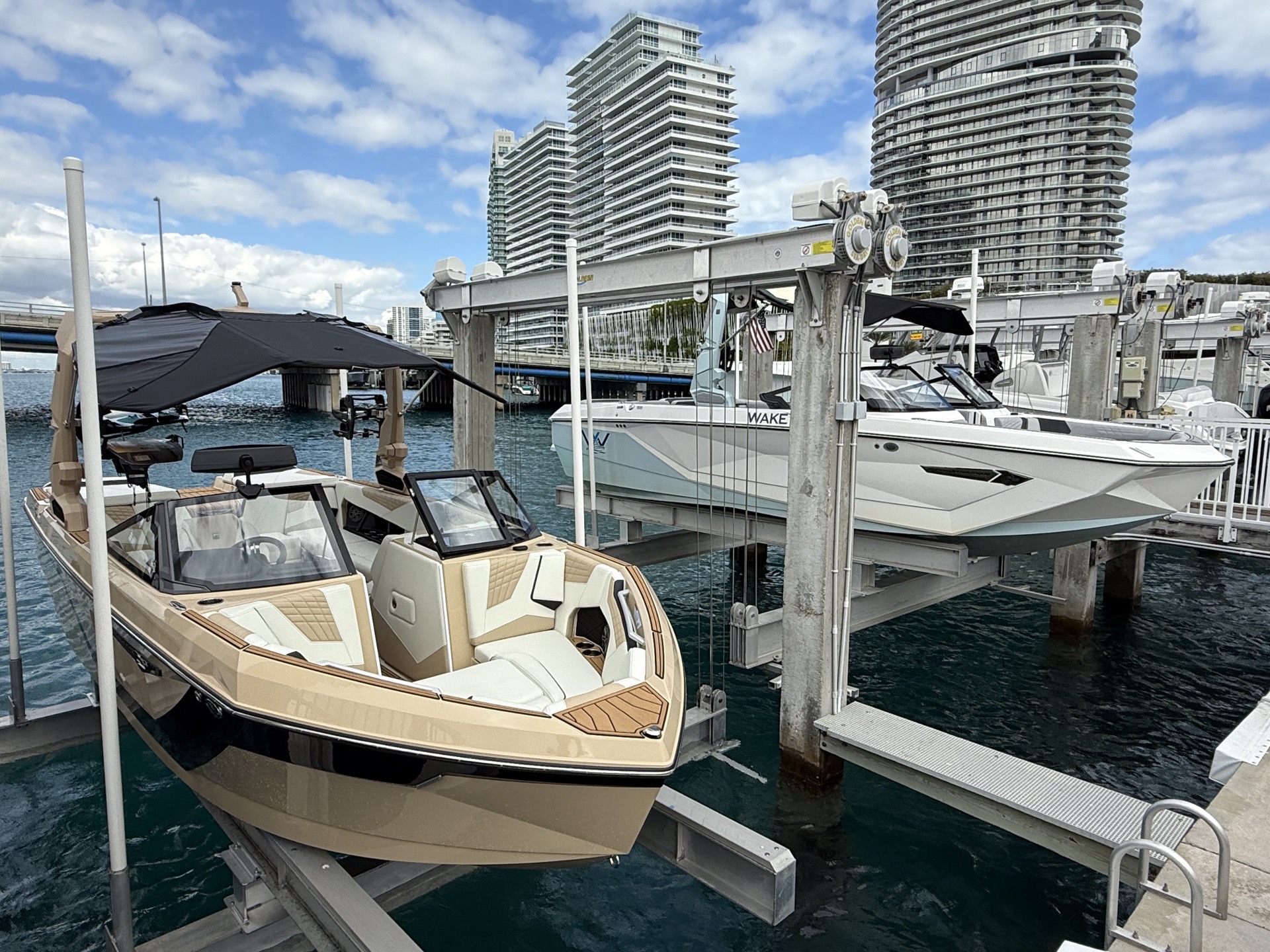WakeXscape G25 and S23 Nautique boats together at Miami Beach Marina